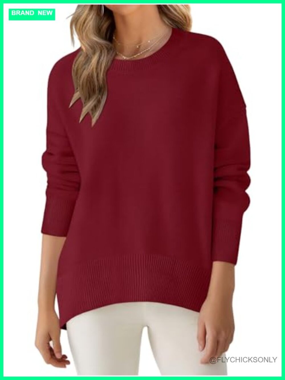 Loose Knit Pullover Sweater Crewneck Long Sleeve High Low Hem Fall Winter